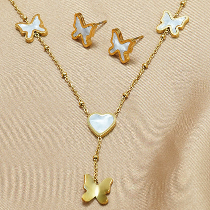 Lxalry 18K Gold Plated Stainless Steel Butterfly & Heart Jewelry Set For Women - Waterproof Hypoallergenic Necklace & Earrings, Elegant Gift For Girlfriend, Birthday, Wedding, Daily Wear