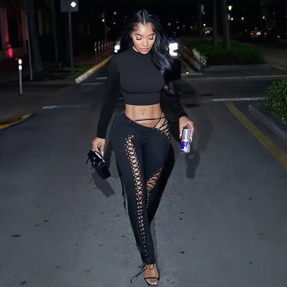 Women's Long-sleeved Top Sexy Cutout Lace-up Tight Trousers Two-piece Set