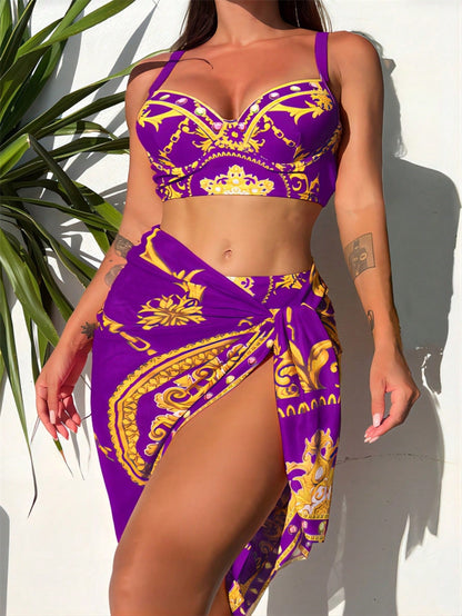 Retro Printed Sexy Bikini Mesh Lace-up Three-piece Swimsuit