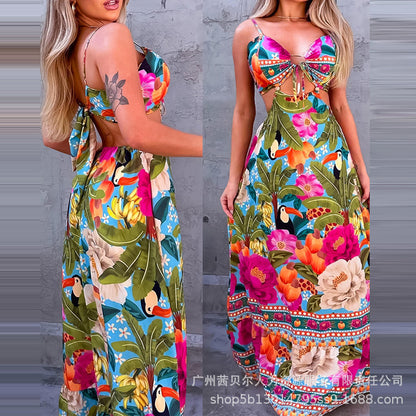 Tropical Printed Floral Halter Midriff Outfit Dress