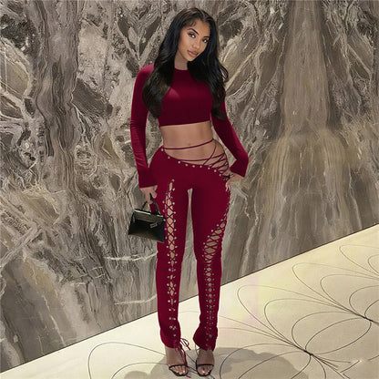 Women's Long-sleeved Top Sexy Cutout Lace-up Tight Trousers Two-piece Set