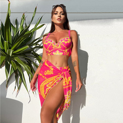 Retro Printed Sexy Bikini Mesh Lace-up Three-piece Swimsuit