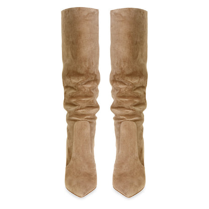 Pointed Suede Brown Stiletto Heel Fashion Mid Tube Knee Length Womens Boots