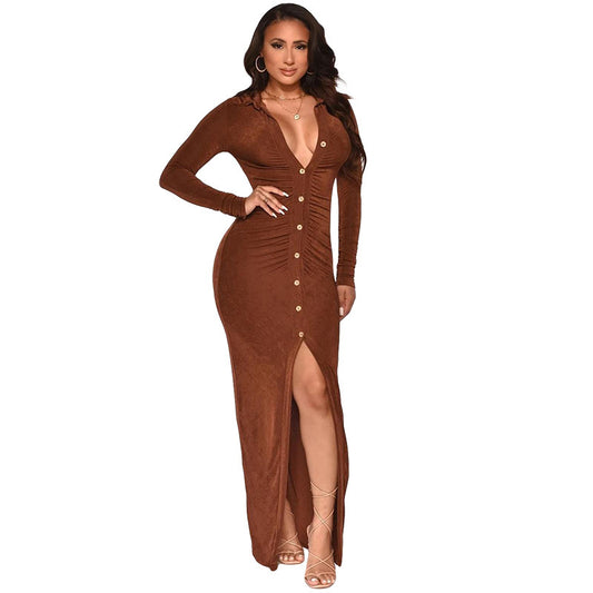 Fashion Solid Color Korean Velvet Slim Sexy Bag Hip Cardigan Dress Long Skirt