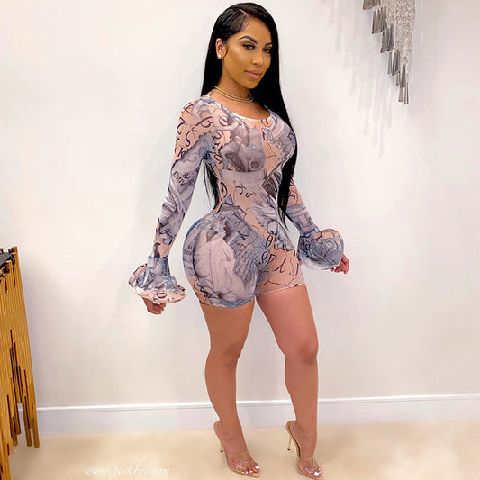 Women's Mesh Cloth Perspective Sexy Short Style Flared Sleeve Jumpsuit