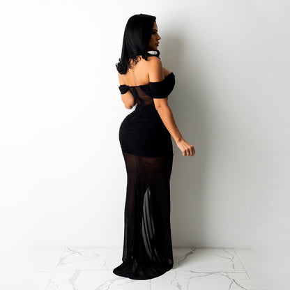 Sexy Nightclub One-Shoulder Mesh Pure Color Dress