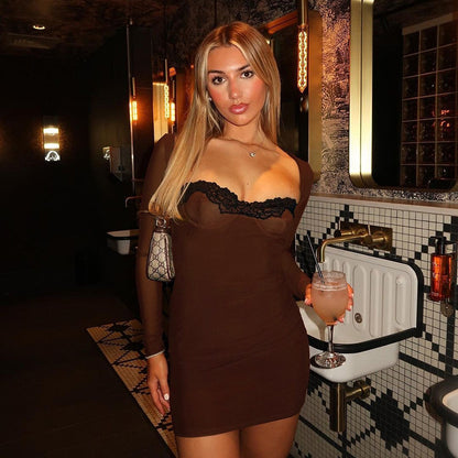 Elegant Slim-fit Long Sleeve Lace Sheath Mini Dress