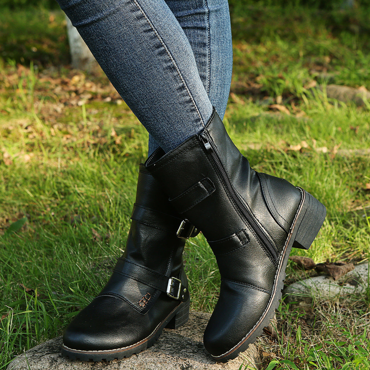 Casual Round Toe Belt Buckle Women Boots