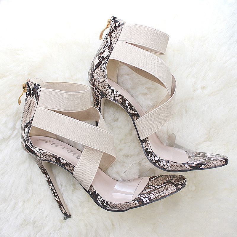 Snakeskin elastic PVC transparent sandals stiletto strappy sandals