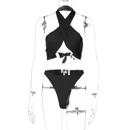 Cross Halter Solid Color Swimsuit Bikini Set