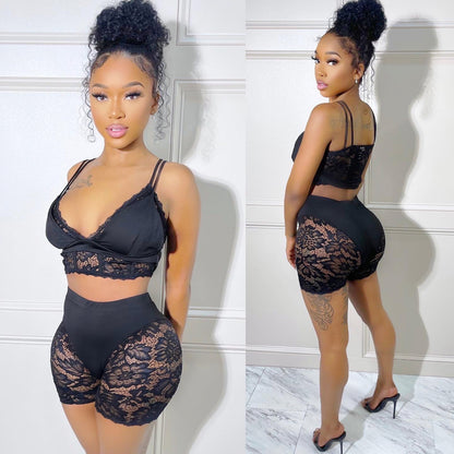 Hollow Sexy Slim Lace Stitching Bikini Shorts Suit