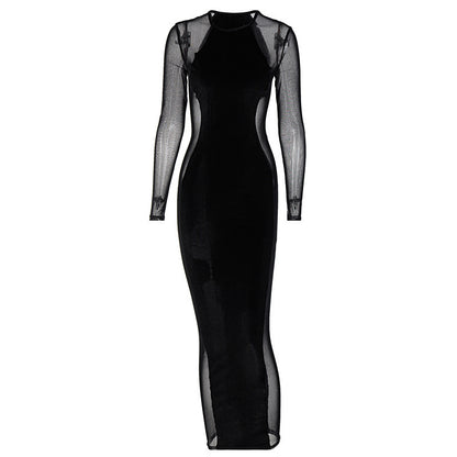 Fashion Sexy See-through Mesh Stitching Slim Long-sleeved Dress