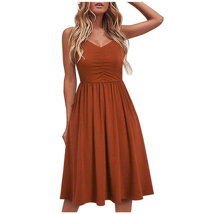Solid Color Suspender Halter Dress