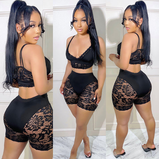 Hollow Sexy Slim Lace Stitching Bikini Shorts Suit