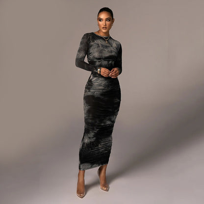 Long Sleeve Round Neck Slim Fit Temperament Versatile Printing And Dyeing Long Dress