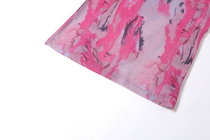 Womens Short Sleeved Sexy Hollow Low Cut Fashion Print Dress