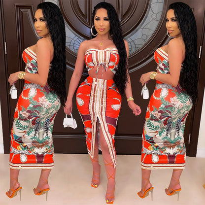 Fashion Sexy Print Pleated Slit Chest Wrap Suit
