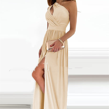 Fashion Sexy Solid Color One-shoulder Halter Neck High-waist Split Long Dress