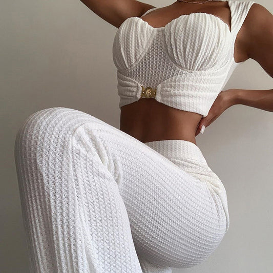 Slim Vest High Waist Bag Hip Wide Leg Pants Casual Suit