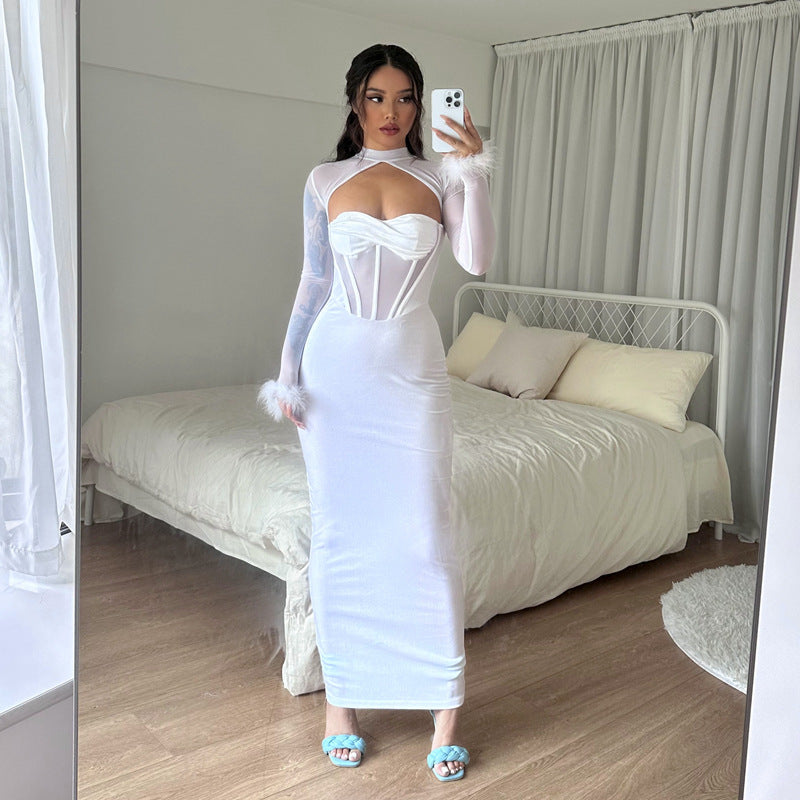 Women's Plush Mesh Stitching Sexy Hollow Dress