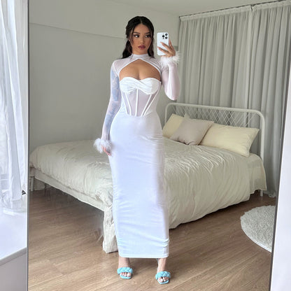 Women's Plush Mesh Stitching Sexy Hollow Dress