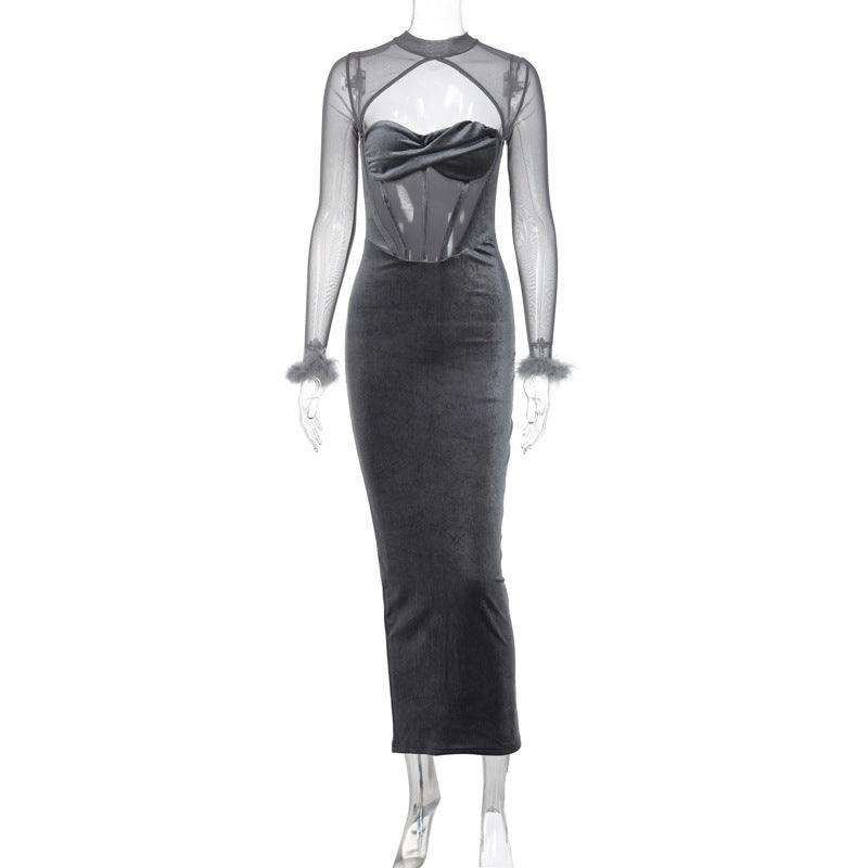 Women's Plush Mesh Stitching Sexy Hollow Dress