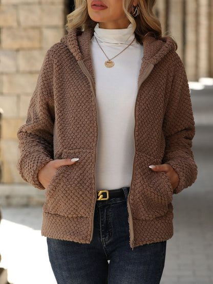Women's Autumn And Winter Loose Pocket Hooded Zipper Plush Jacket