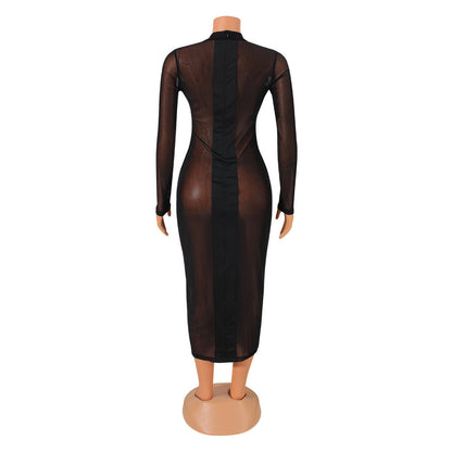 Sexy Mesh Stitching Long-Sleeved Solid Color Dress