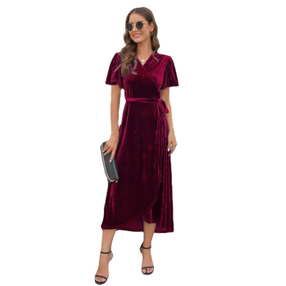 Women's Spring And Autumn Split Gold Velvet Mid-length Formal Dress