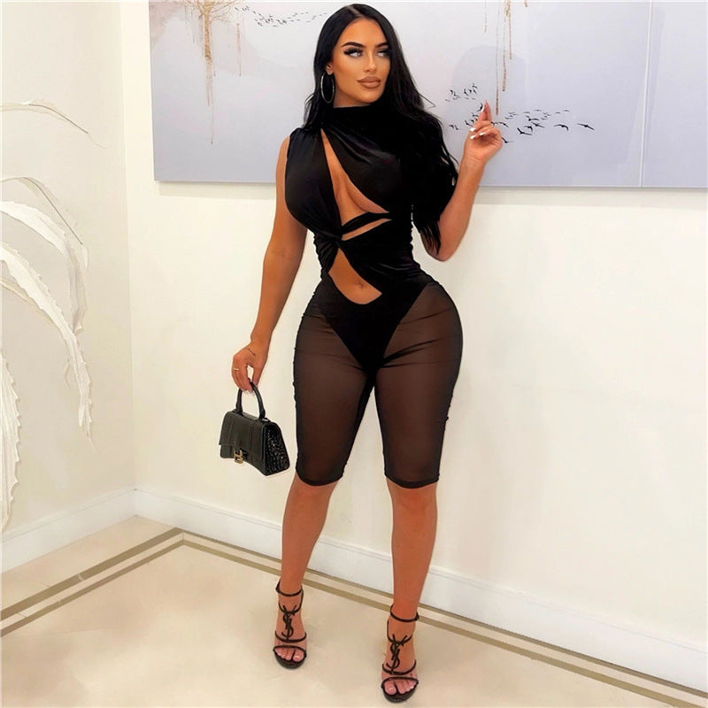 Summer Women's Clothing New Sexy Hollow-out Mesh Stitching High Waist Sheath Sleeveless Tight Jumpsuit