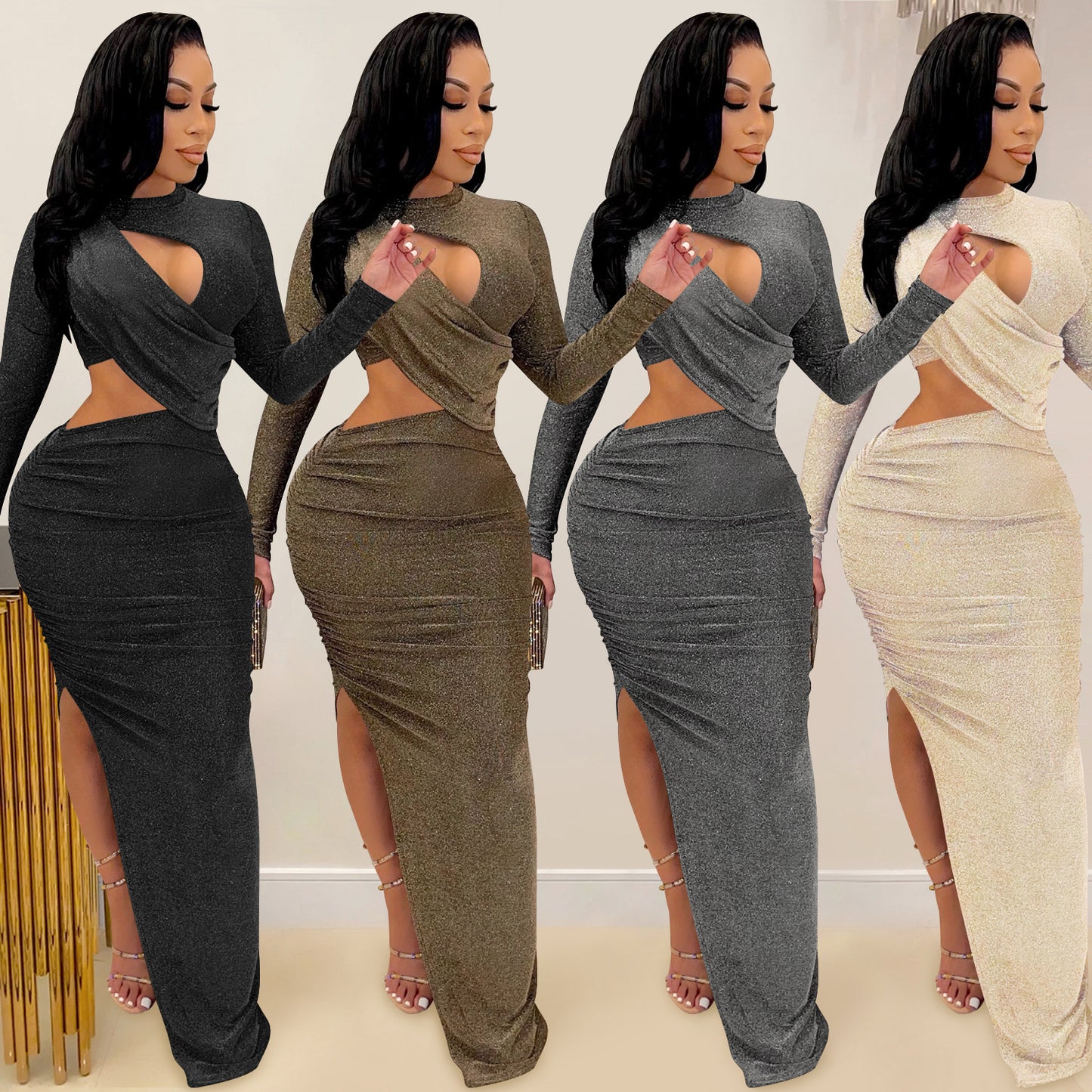 Ladies Long Sleeve Hollow Split Dress
