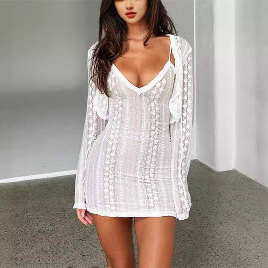 Cross Border Long-sleeved Sun-proof Cardigan Sexy V-neck Split Dress Party Elegant