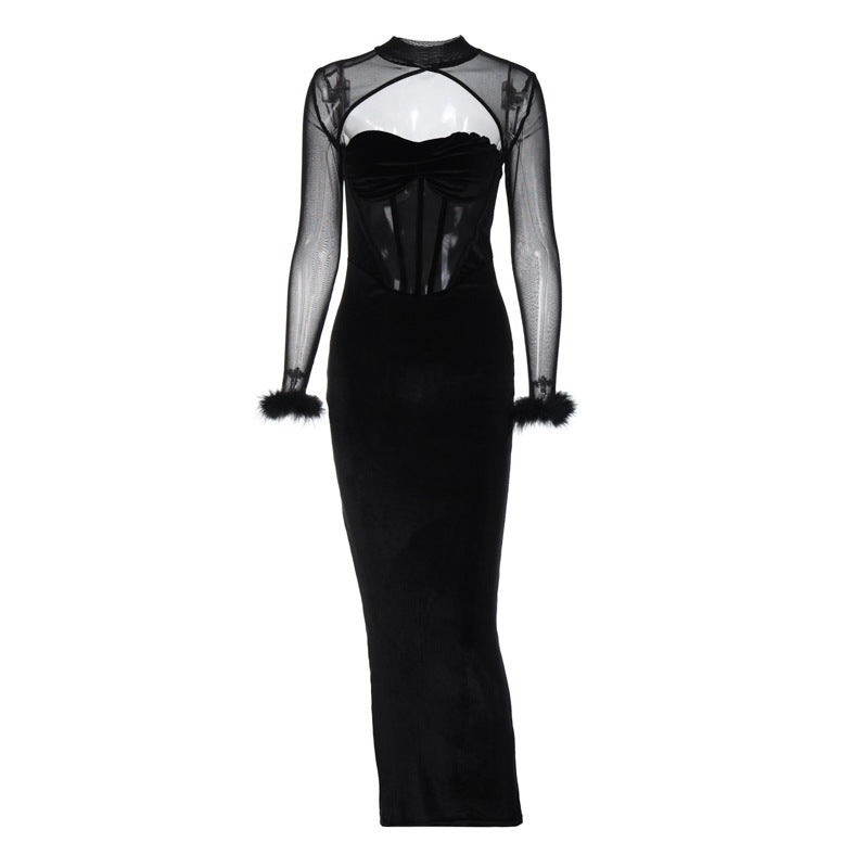 Women's Plush Mesh Stitching Sexy Hollow Dress