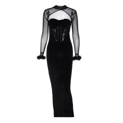 Women's Plush Mesh Stitching Sexy Hollow Dress