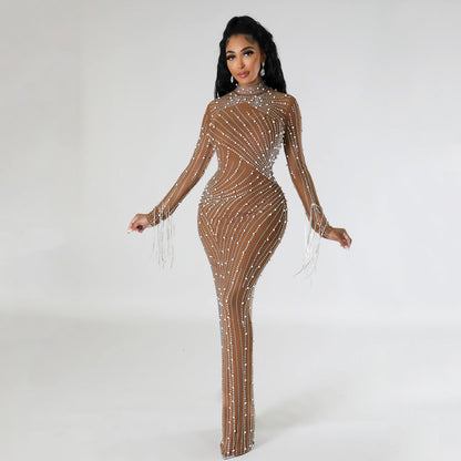 Women's Mesh Rhinestone Long Dress