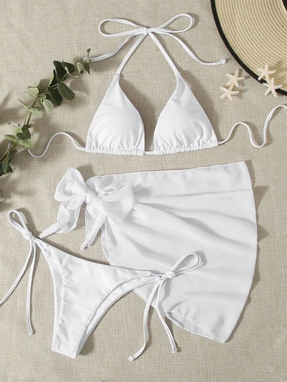 European And American Foreign Trade New Solid Color Triangle Cup Lace-up Bikini Three-piece Set
