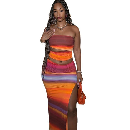 Gradient Printing Sleeveless Sexy Bandeau Slim-fit Hip Skirt Suit