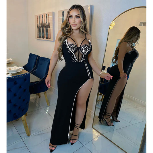 Fashion Women's Wear Solid Color Rhinestone Sleeveless Dress