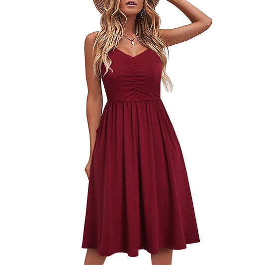 Solid Color Suspender Halter Dress