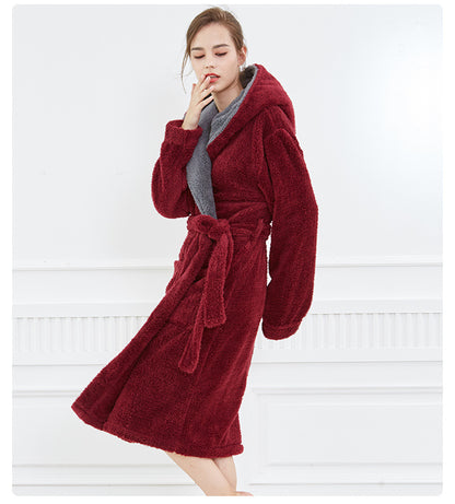 Men's Thick Hooded Coral Fleece Nightgown Warm Large Size Long Couple Pajamas