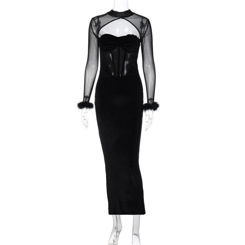 Women's Plush Mesh Stitching Sexy Hollow Dress