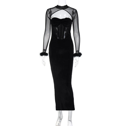 Women's Plush Mesh Stitching Sexy Hollow Dress