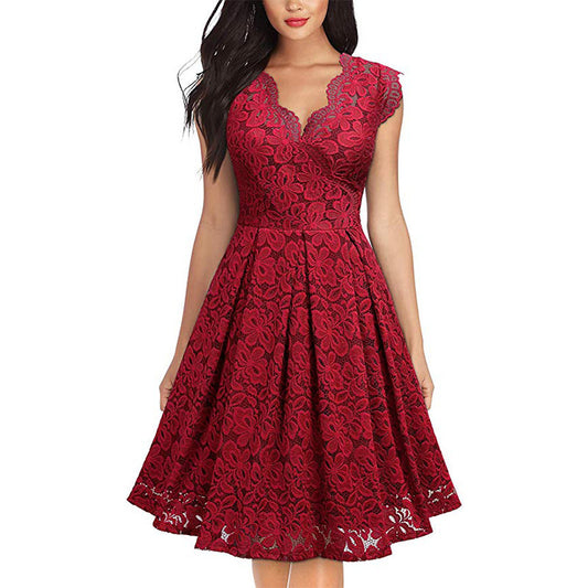 Europe And America Women's Vintage Lace V-Neck Sleeveless Cocktail Party Swing Skirt