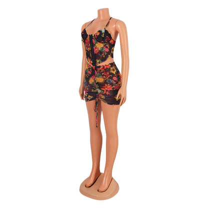 Sexy Mesh Printed Suspenders Wrapped Chest Short Skirt Two-Piece Suit