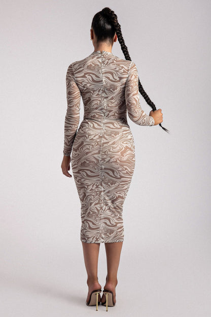 Long Sleeve Printed Leopard Print Transparent Midi Skirt