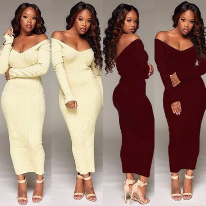 Nightclub Sexy One-neck Solid Color Autumn And Winter Long-sleeved Pit Strip Dress