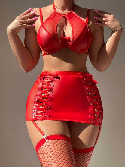 European And American Sheer Mesh Leather Stitching Sexy Black Strap Split Sexy Lingerie Suit