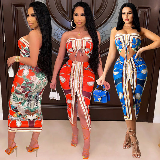Fashion Sexy Print Pleated Slit Chest Wrap Suit