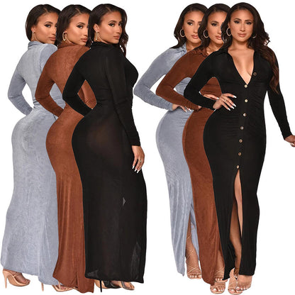 Fashion Solid Color Korean Velvet Slim Sexy Bag Hip Cardigan Dress Long Skirt