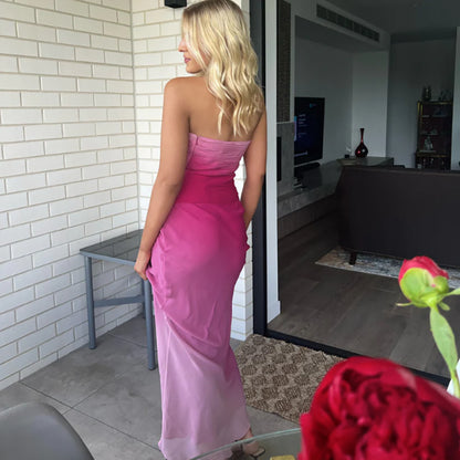 Slim-fit Gradient Pleated Backless Tube Top Dress